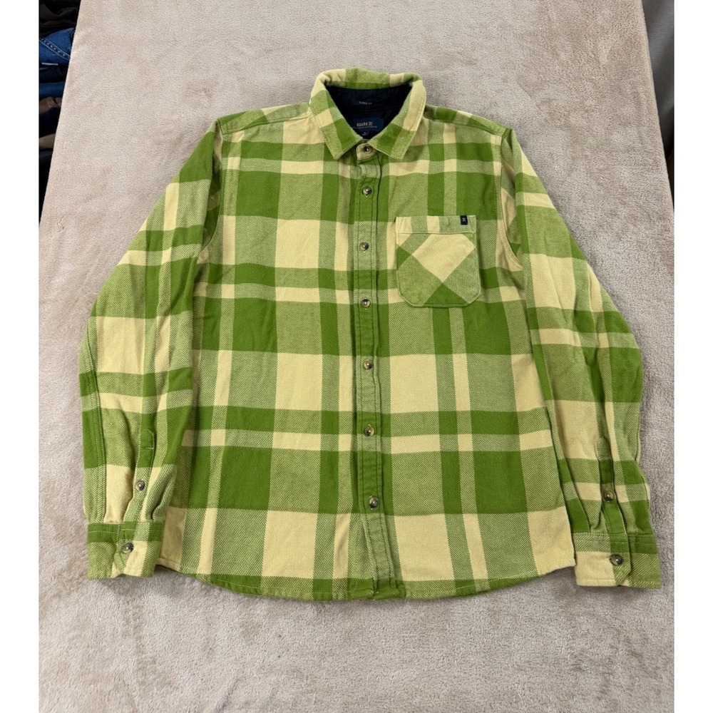 Roark Crossroads Flannel Shirt Long‎ Sleeve Men's Small Lime Green Plaid EUC